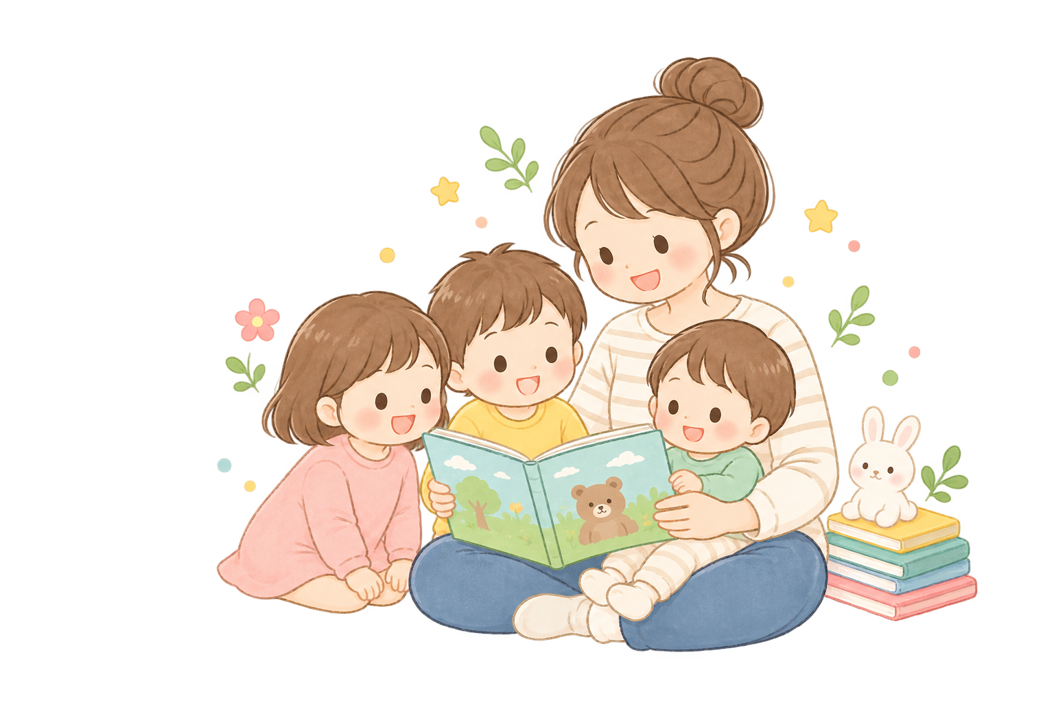 読み聞かせをするママと3人の子どもたち